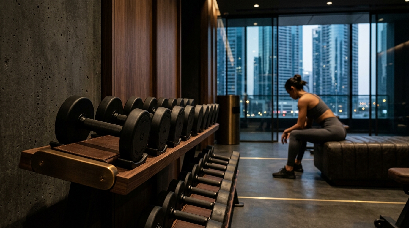 Modern commercial fitness center and workout equipment at a gym near Time Place Tower in Dubai Marina