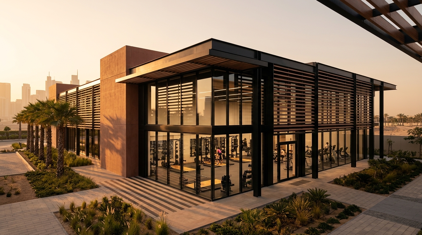 Modern commercial gym near Riah Towers in Al Jaddaf equipped with modern cardio and weightlifting equipment