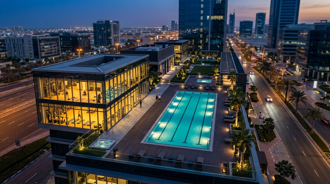Modern commercial fitness space and gym near Address Boulevard in Downtown Dubai