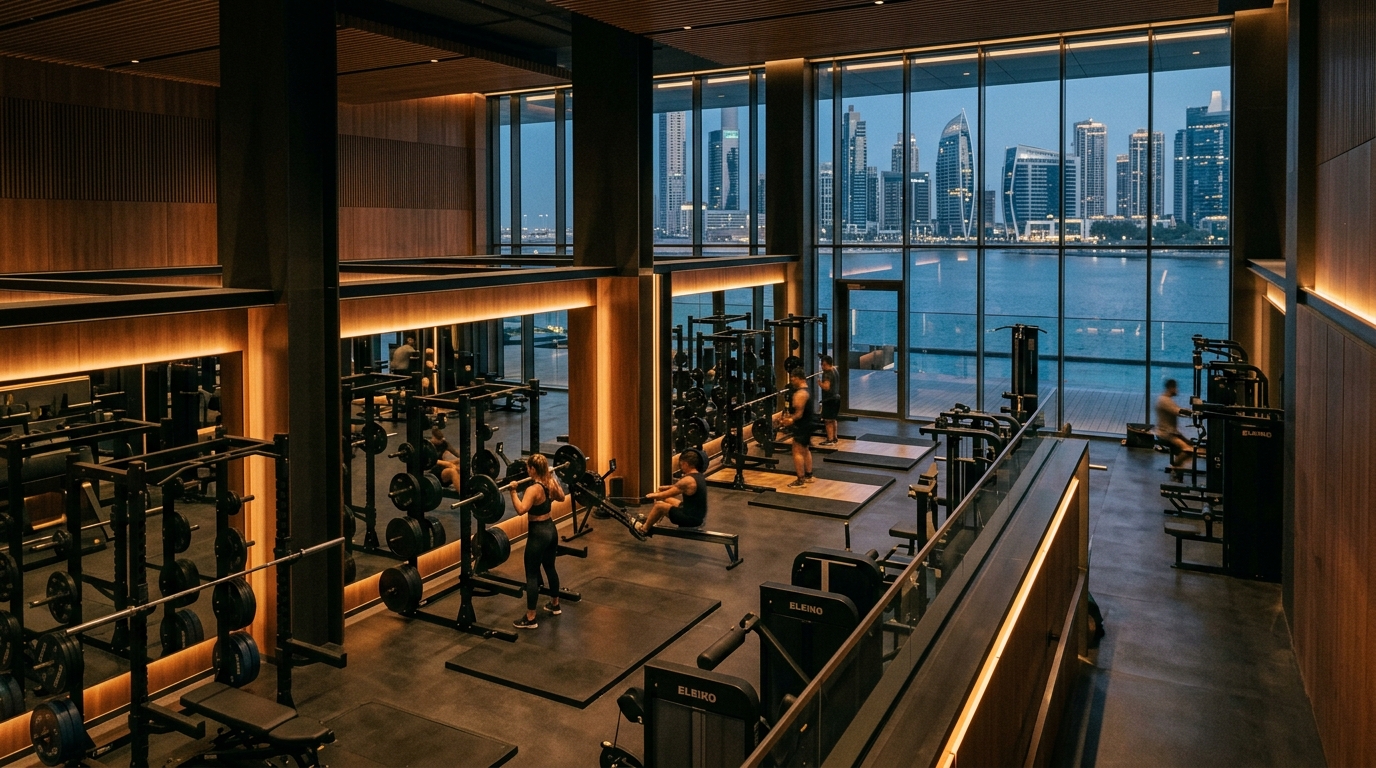 Modern commercial fitness space and gym facilities near Marina Quays along Dubai Marina waterfront promenade.