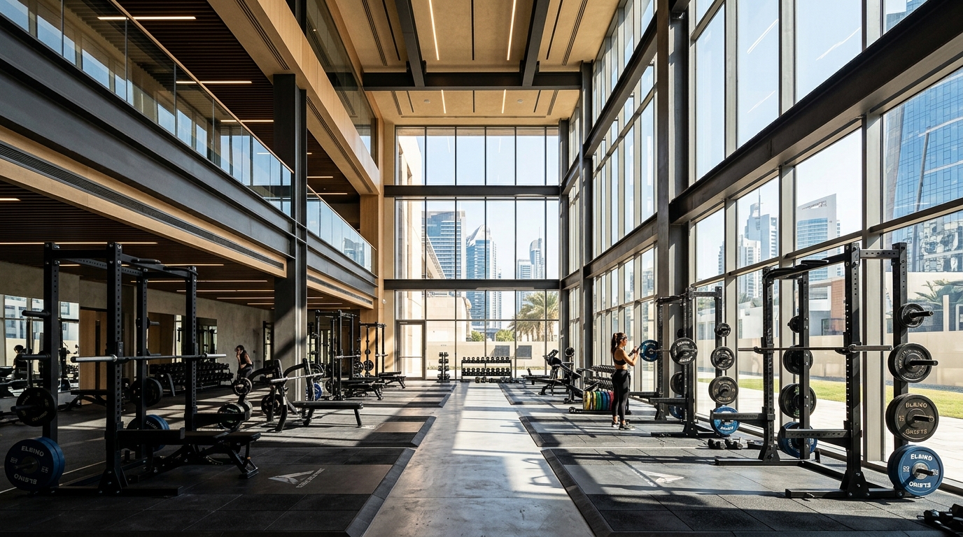 Modern commercial fitness floor with premium workout equipment at one of the top gyms near Ghoroob