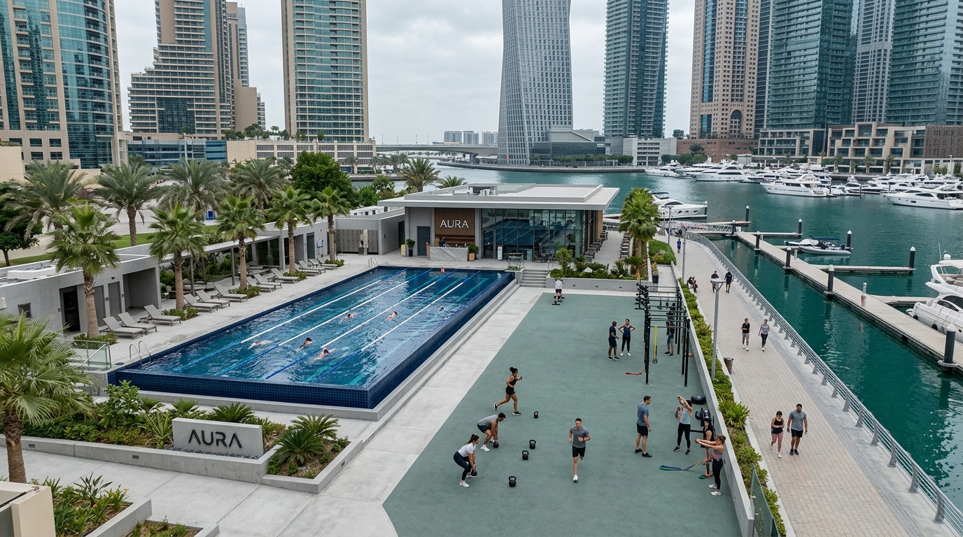Modern commercial fitness space and gym near Marina Promenade in Dubai Marina