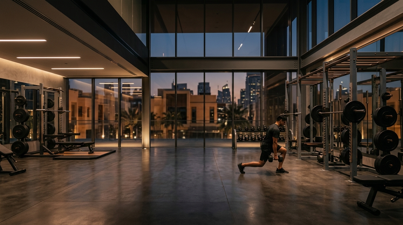 Modern interior of one of the top gyms near Uptown Mirdif with fitness equipment.