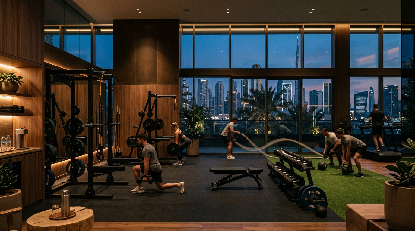 Modern commercial gym near Address Sky View in Downtown Dubai with premium fitness equipment.