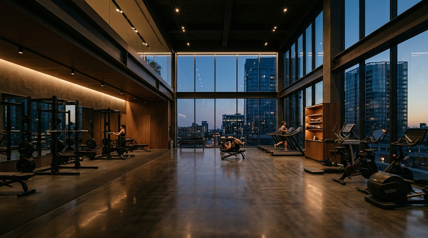 Fitness equipment in a gym near Marina Terrace in Dubai Marina.