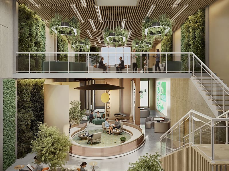 The Penthouse loft at Dubai Fintech District: a mezzanine office under a skylight.