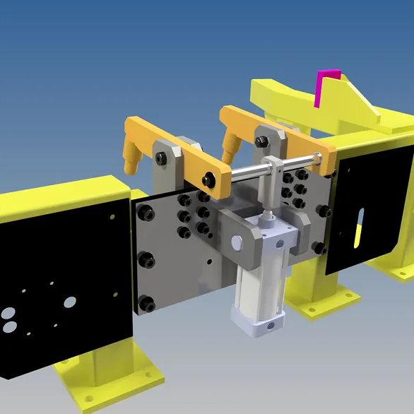 Close-up 3D rendering of a clamping mechanism with adjustable arms, bolts, and a pneumatic cylinder mounted between two yellow steel supports.