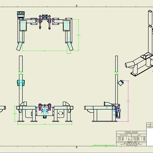 Technical drawing displaying front, side, and isometric views of a structural frame assembly with vertical supports and a mounted clamping mechanism.