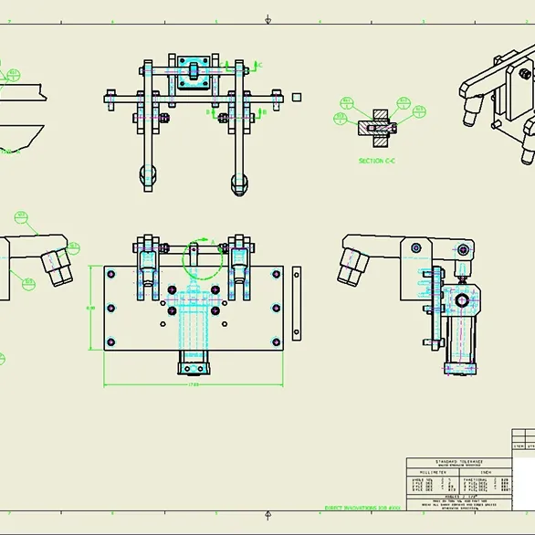 Technical drawing showing multiple orthographic views and dimensions of a mechanical clamping assembly with mounting plates and adjustment hardware.