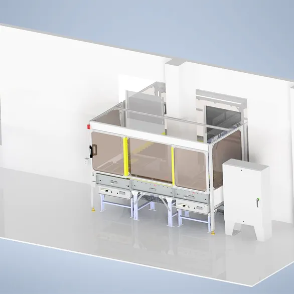3D rendering of an enclosed conveyor system installed through a wall opening, with guarded panels and an adjacent electrical control cabinet.