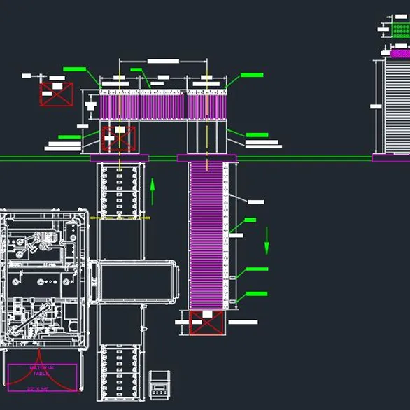 Top-down CAD layout showing an automated material handling cell with conveyors, lift stations, and equipment footprints annotated with arrows and dimensions.