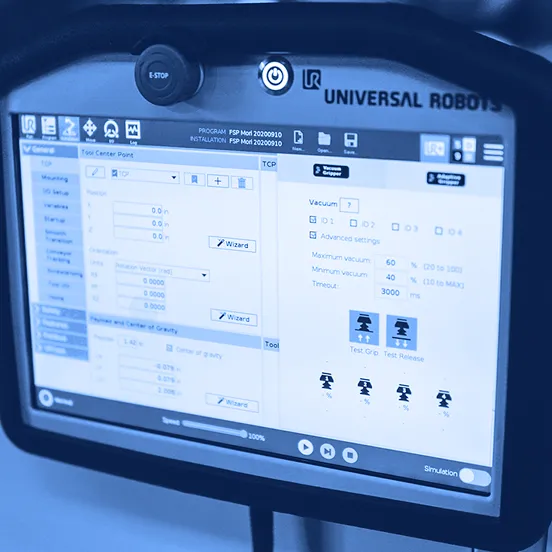 Touchscreen control interface displaying robotic system settings and vacuum gripper parameters.