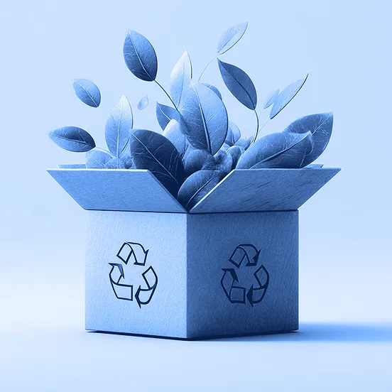Cardboard box with recycling symbols printed on the sides, open at the top with green plant leaves growing out against a plain background.