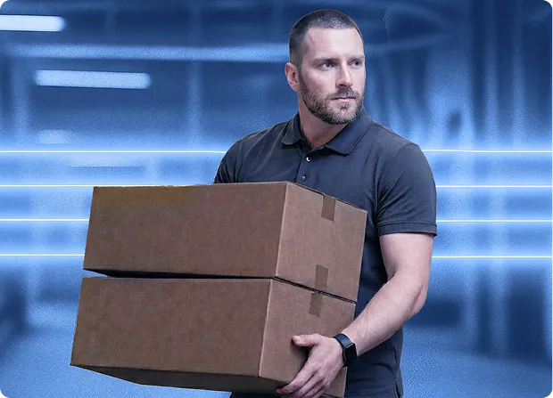 Worker placing products into cardboard packaging inserts inside a warehouse packaging area.