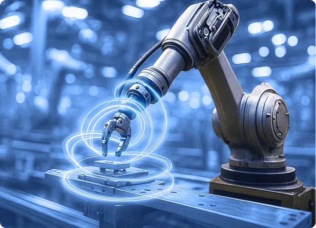 Robotic arm positioning a component on a work surface inside an automated manufacturing environment.