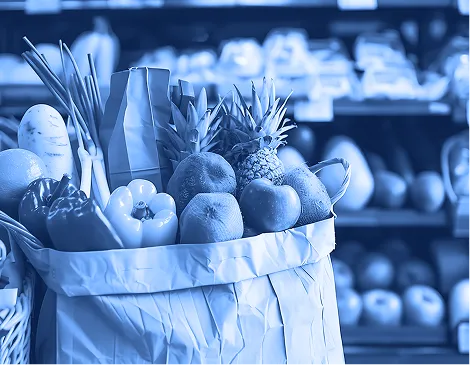 Paper grocery bags filled with produce displayed inside a retail grocery environment.