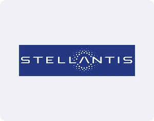 Stellantis wordmark with a dotted circular design in the center on a blue rectangular background.