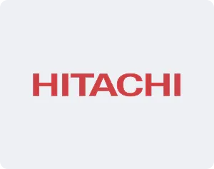 Hitachi company logo in red text on a light background.