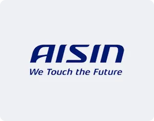 AISIN company logo with the slogan 'We Touch the Future' in blue text on a light background.