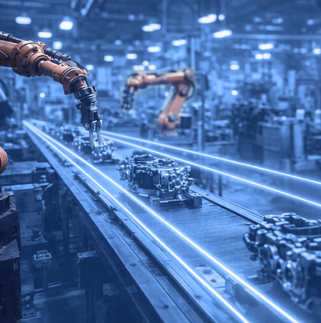 Automotive body moving through an assembly line with robotic arms positioned on both sides of the production cell.