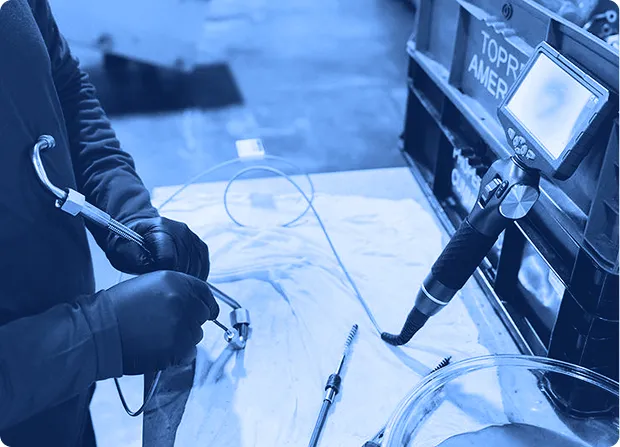 Technician inspecting a mechanical part using a borescope and measurement tools at a workbench.  