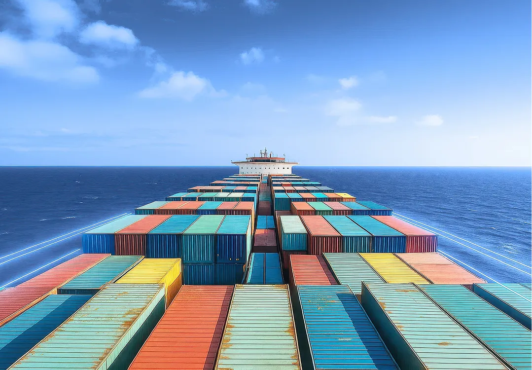 Cargo ship carrying stacked shipping containers traveling across open water.