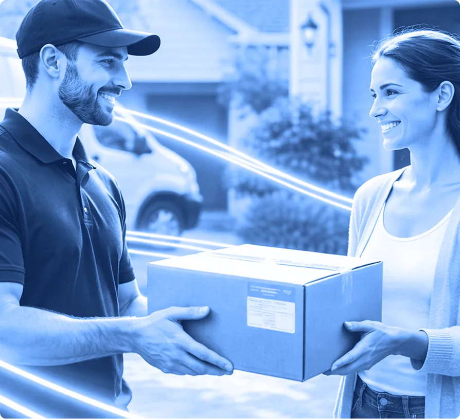 Person handing a cardboard package to another person outside a residential location.