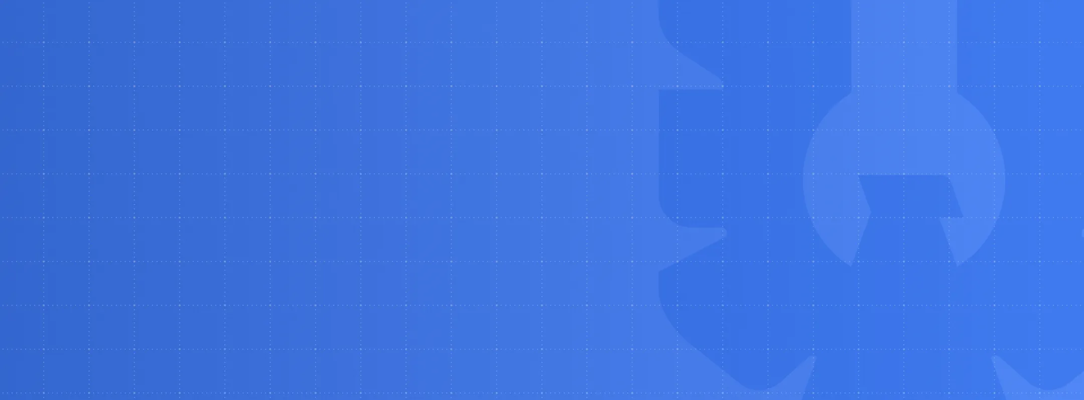 Blue background with faint grid lines and a large, subtle gear symbol on the right side.