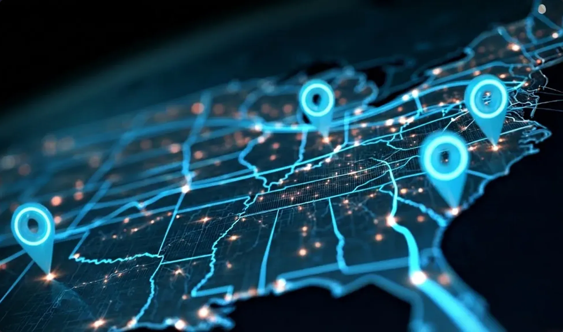 Digital map of the United States displaying multiple location markers.