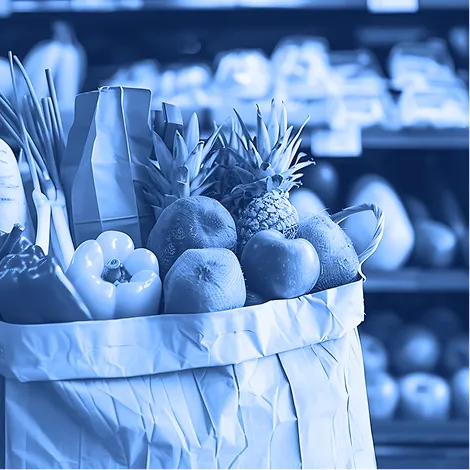 Paper grocery bags filled with produce displayed inside a retail grocery environment.