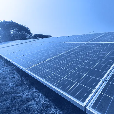 Solar panels mounted on a metal support structure outdoors, arranged in rows and viewed from a low angle with trees in the background.