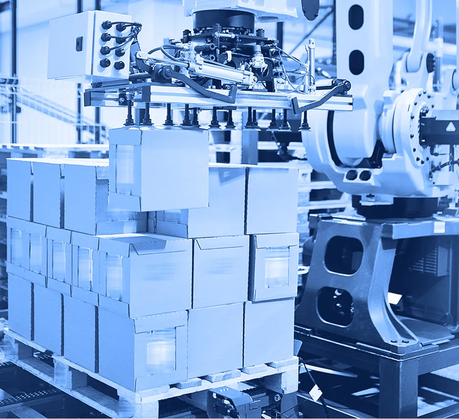 Automated packaging machine stacking boxed products onto pallets inside a manufacturing or distribution facility.