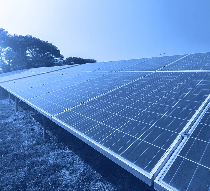 Solar panels mounted on a metal support structure outdoors, arranged in rows and viewed from a low angle with trees in the background.