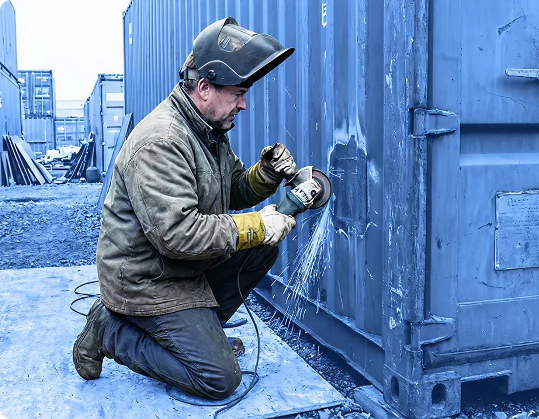 Worker kneeling on a concrete surface while welding the metal door of a large industrial container outdoors.