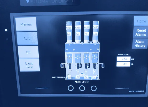 Touchscreen control panel displaying an automation interface with mode buttons, pass and fail indicators, part count values, and system status graphics. 