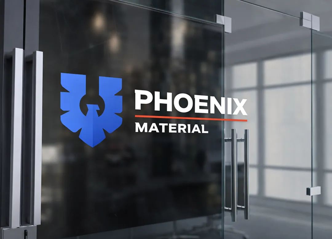 Phoenix Material logo displayed on a glass office wall inside a corporate workspace.