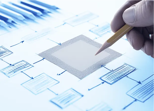 A hand holds a yellow pencil above a sheet of paper showing a hand-drawn flow diagram with connected boxes and arrows, with several colored pencils resting nearby.