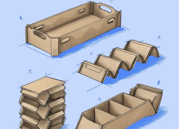 Hand-drawn illustration showing multiple views of a cardboard tray-style package, including an open rectangular tray with hand holes, folded flat components, stacked trays, and a divided interior configuration, sketched with measurement marks on a white background.