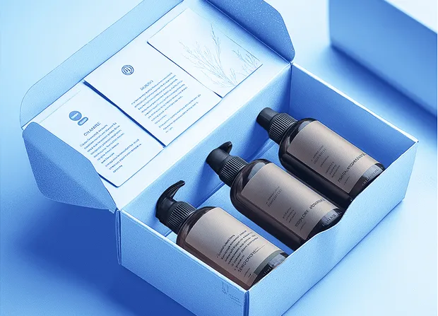 An open cardboard box containing three amber glass dropper bottles arranged in compartments, with printed product cards placed inside the lid.