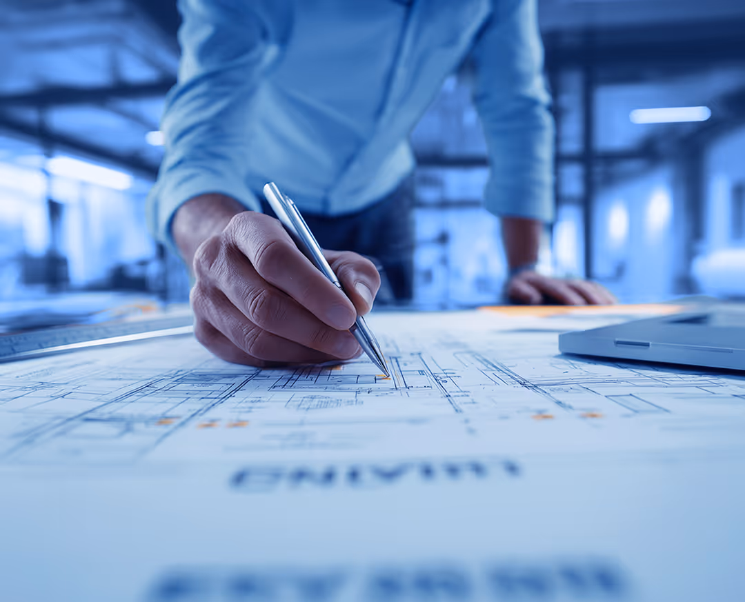 A person uses a pen to mark details on a printed technical drawing spread across a desk, with a laptop and drafting tools visible nearby in an office workspace.