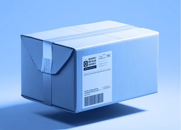 A sealed corrugated cardboard box with packing tape and a shipping label sits on a neutral gray background.