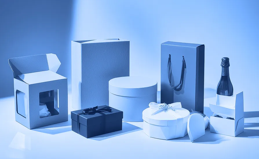 A group of empty retail packaging containers, including paperboard boxes, cylindrical gift boxes, a handled paper bag, and a bottle box, arranged on a blue surface against a blue background.