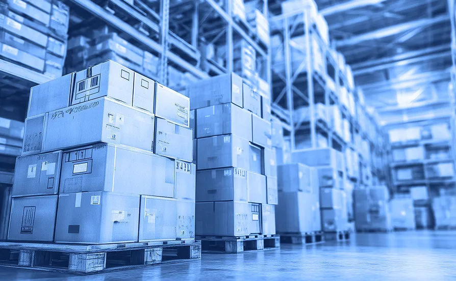 Stacks of sealed cardboard boxes arranged on wooden pallets inside a large warehouse with tall metal shelving and overhead lighting.