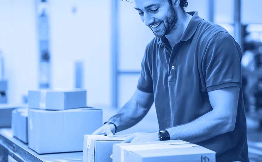 Worker in a red shirt placing a label on a small cardboard box on a conveyor belt, with multiple sealed boxes arranged along the line inside a warehouse.