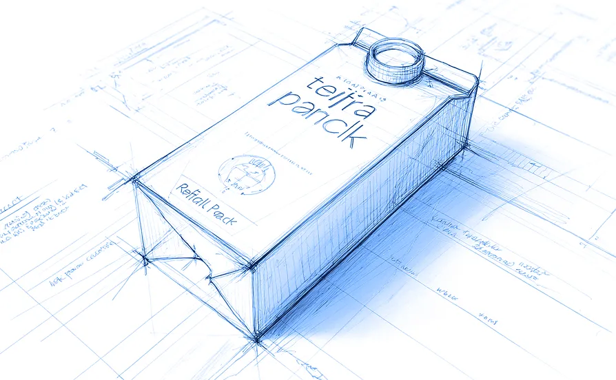 A hand-drawn technical sketch of a rectangular carton with a screw cap, shown in perspective with measurement lines and layout notes surrounding it.