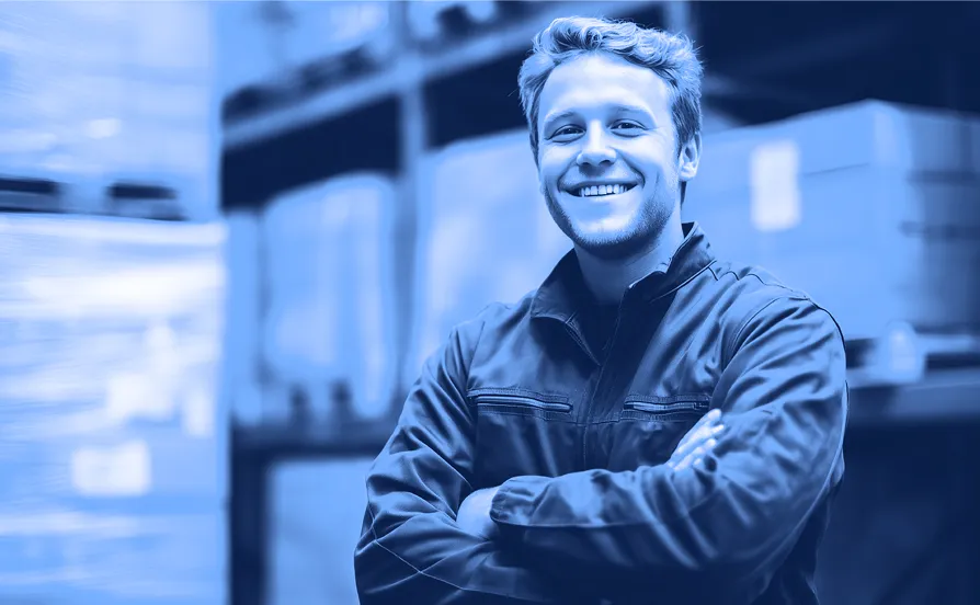Smiling worker wearing a dark jacket stands with arms crossed in a warehouse aisle, with stacked boxes on shelving in the background.