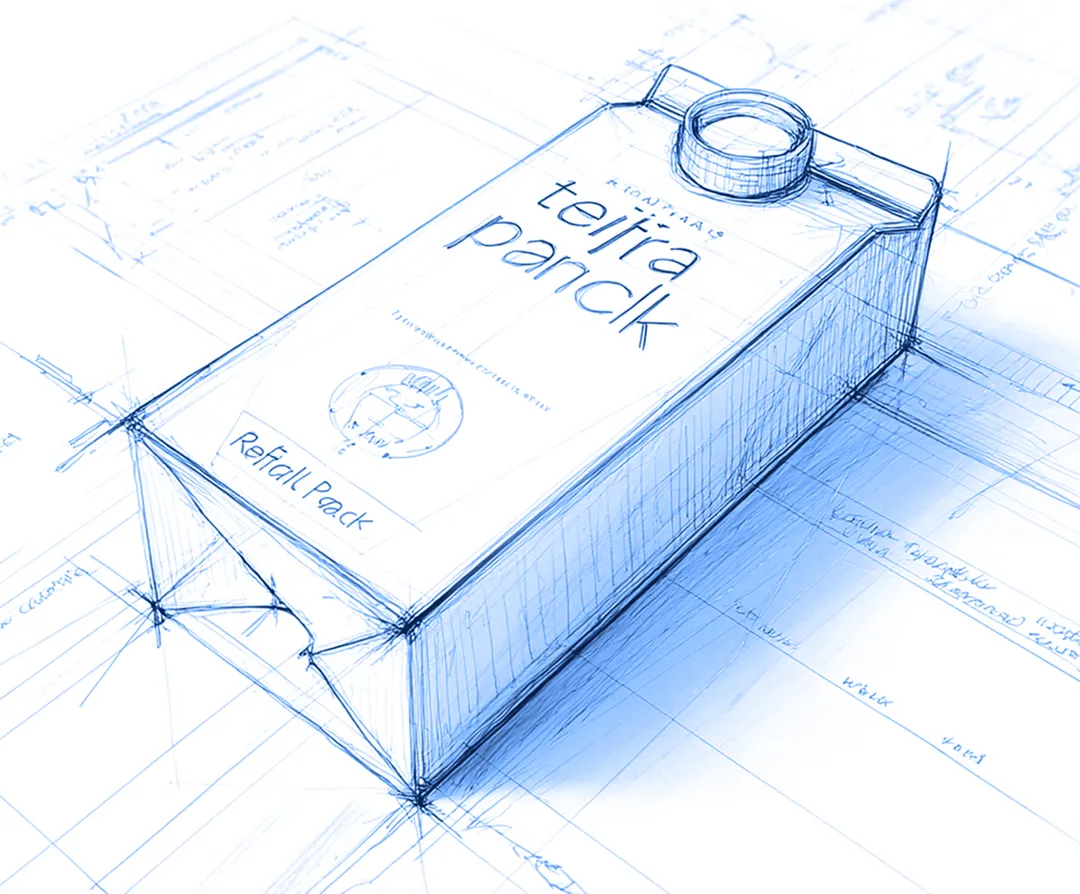 A hand-drawn technical sketch of a rectangular carton with a screw cap, shown in perspective with measurement lines and layout notes surrounding it.
