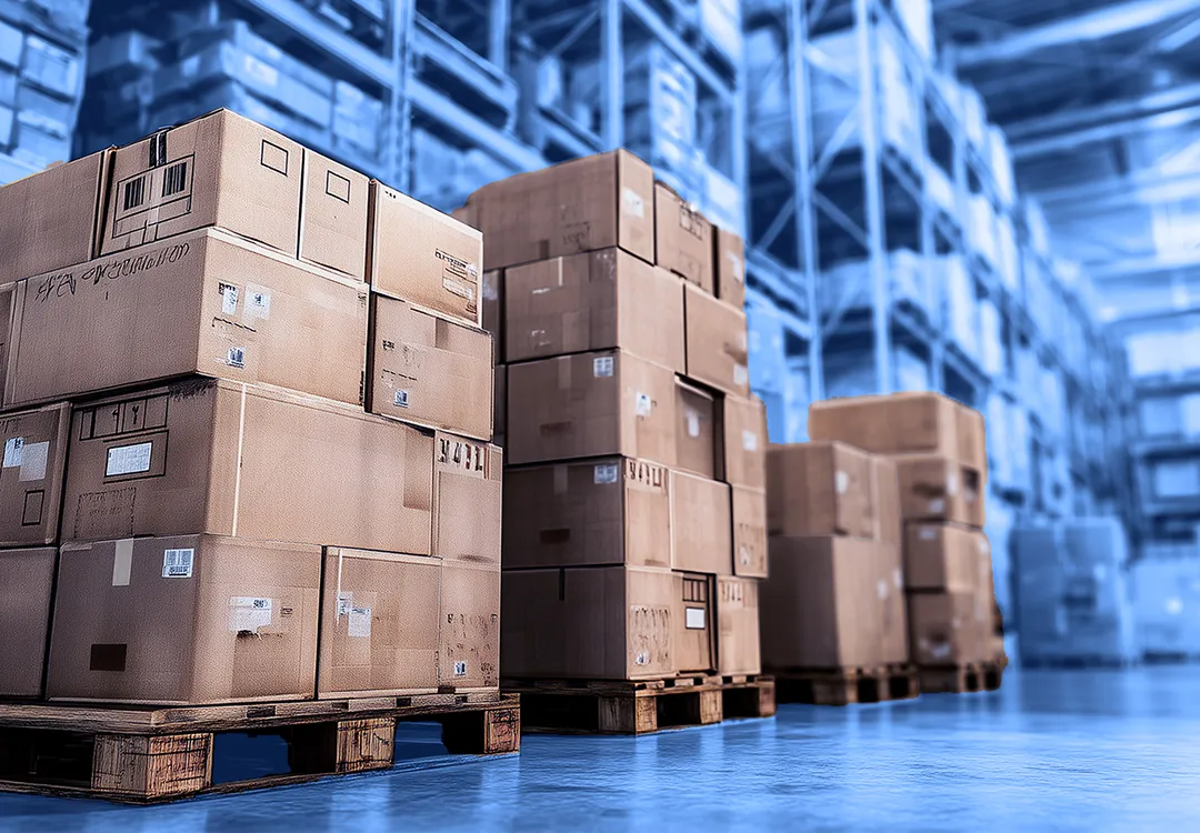 Stacks of sealed cardboard boxes arranged on wooden pallets inside a large warehouse with tall metal shelving and overhead lighting.
