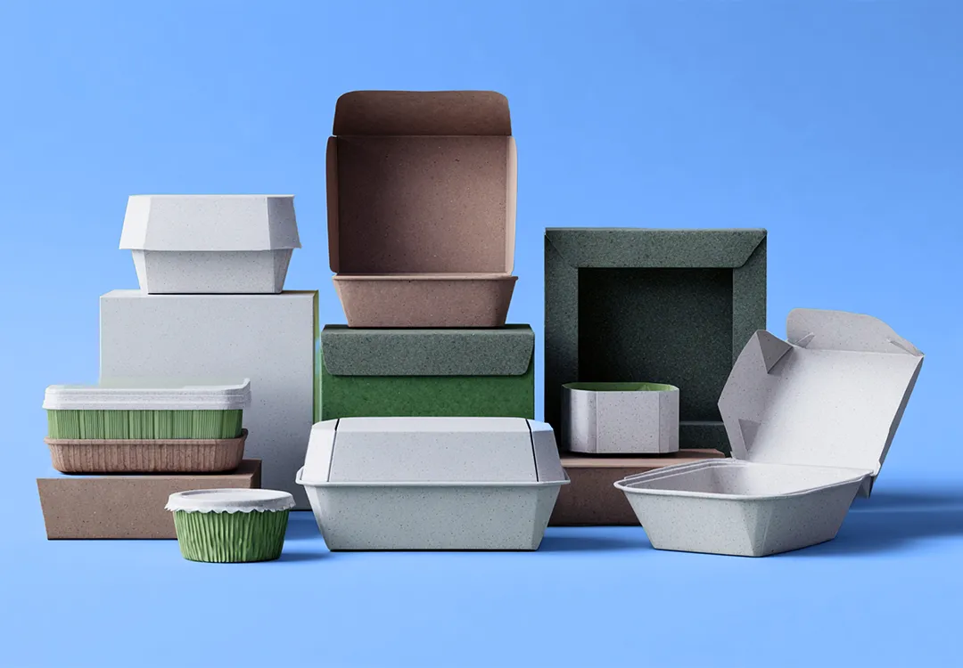 Assortment of molded fiber food containers and boxes in various sizes and colors arranged against a solid green background, including clamshells, bowls, and trays.