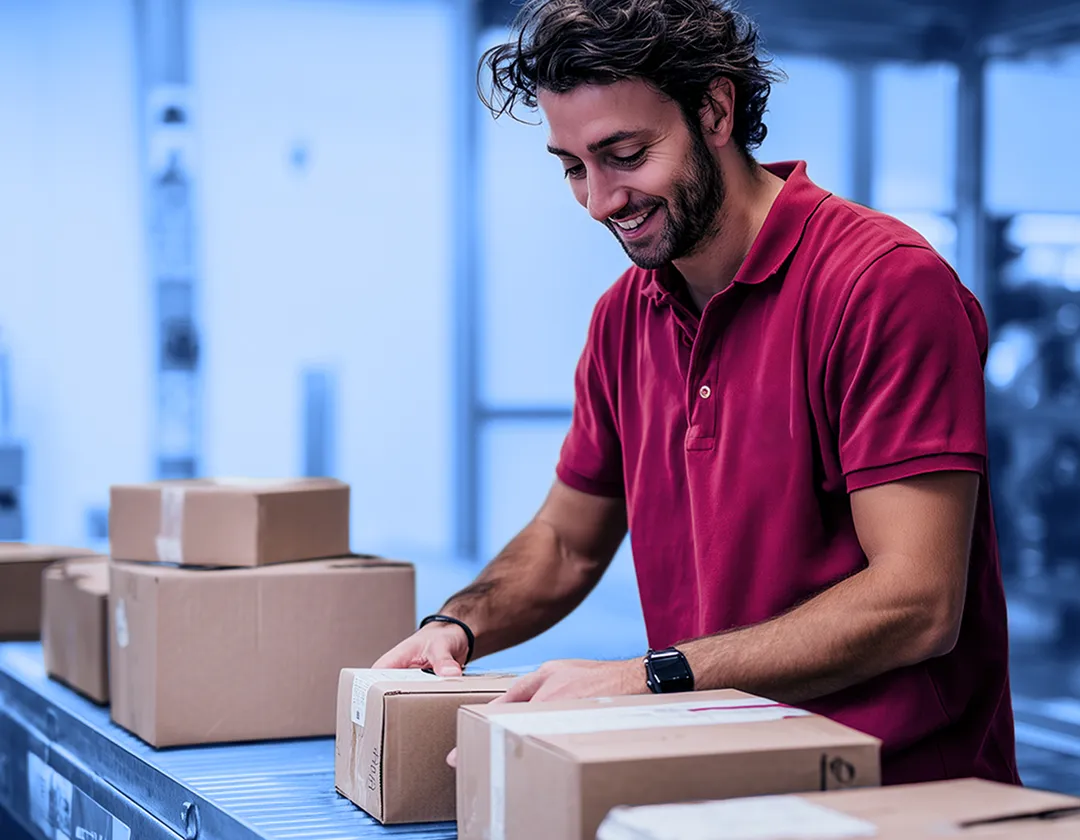 Worker in a red shirt placing a label on a small cardboard box on a conveyor belt, with multiple sealed boxes arranged along the line inside a warehouse.